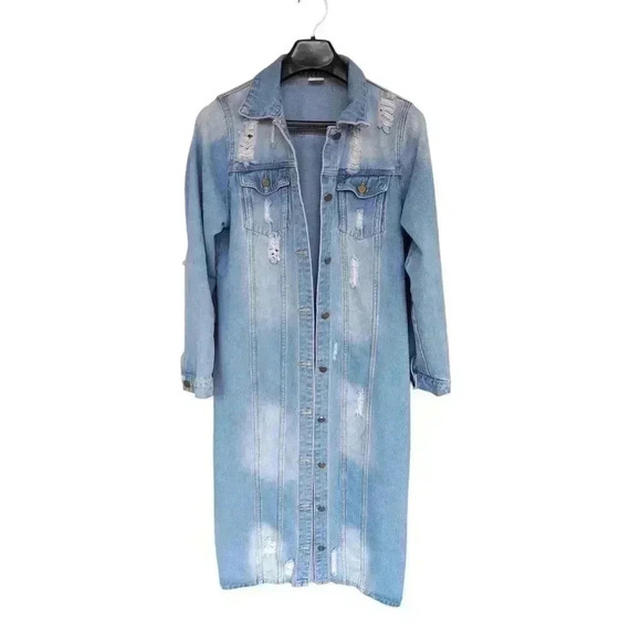 unbranded Jackets & Blazers - Trendy Like New Distressed Denim Maxi Jacket Blue Jean Duster